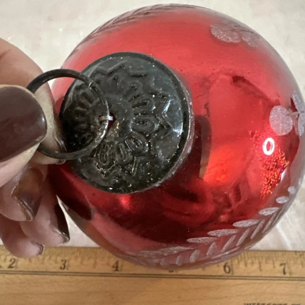 Pottery Barn Large Mercury Etched Glass Christmas CRANBERRY Ornament Ball Red 4